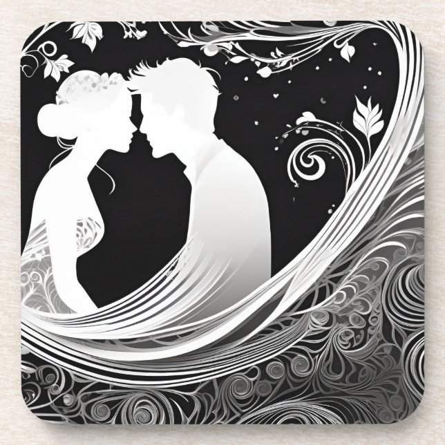 Tender Kiss White & Black Silhouette Love Coaster (Front)