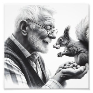 Tender Moment with Squirrel Vintage Black & White Photo Print