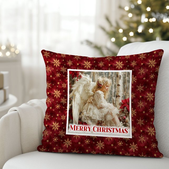 Tender Red and Gold Victorian Angel Christmas  Cushion (Tender Red and Gold Victorian Angel Christmas Pillow)