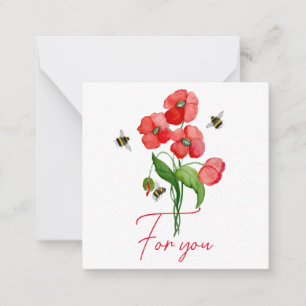 Tender scarlet poppy flower and bumblebees card