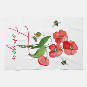 Tender scarlet poppy flower and bumblebees tea towel