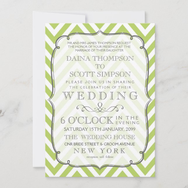 Tender Shoots Lime Green Chevron Stripes Wedding Invitation (Front)