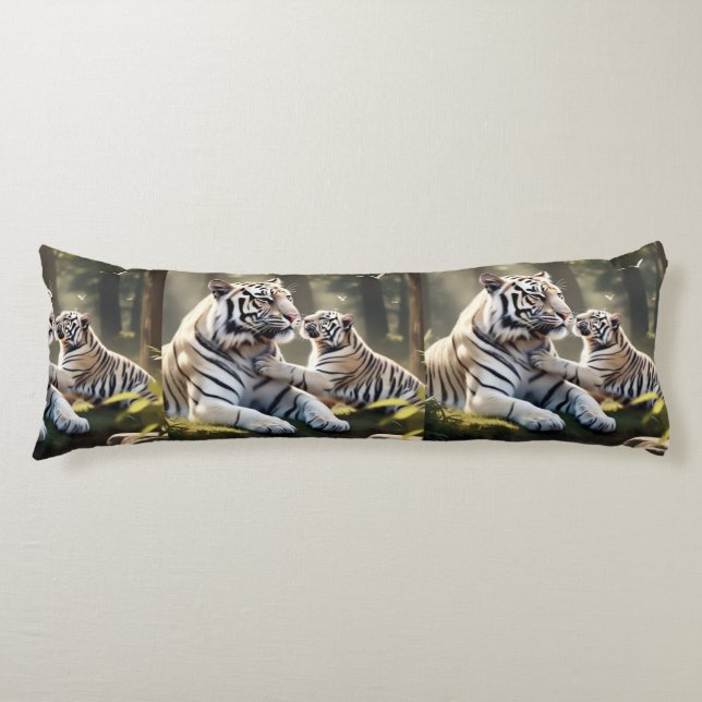 Tender White Tiger Bond – Elegant Body Pillow (Front)
