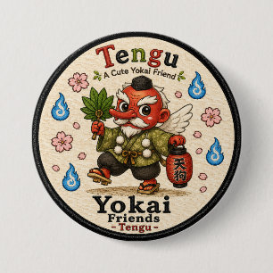 Tengu Japanese Yokai Pin Button, Cute Japanese Fol