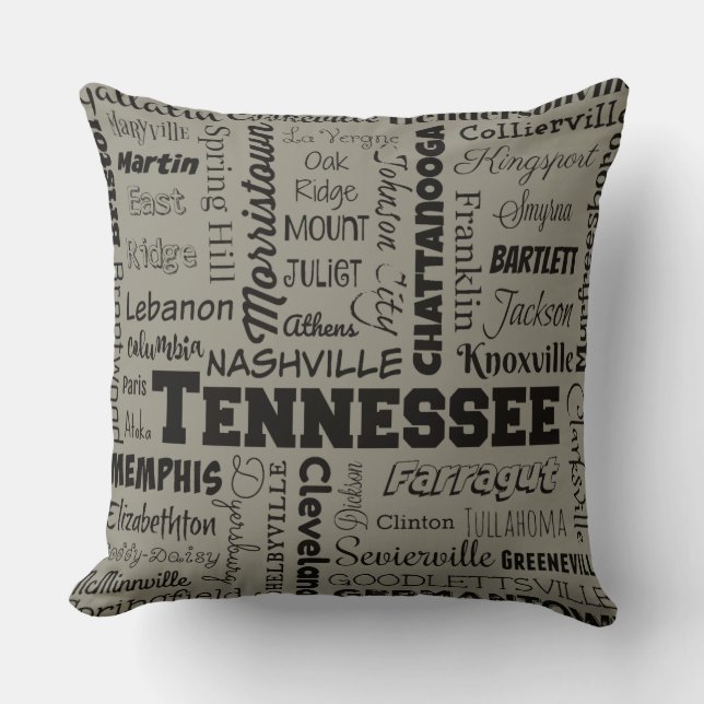 Tennessee Cities Throw Pillow in grey and black (Front)