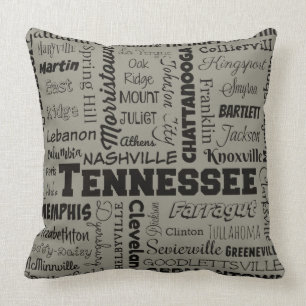 Tennessee Cities Throw Pillow in grey and black