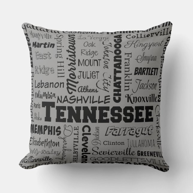 Tennessee Cities typography, grey Cushion (Front)