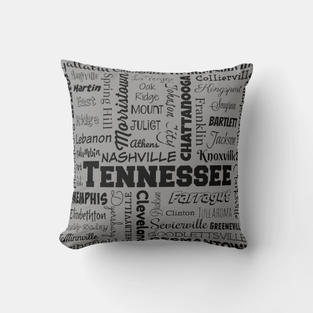 Tennessee Cities typography, grey Cushion (Front)