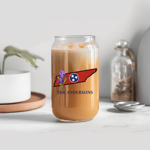 Tennessee Flag with State Flower Iris Custom Text Can Glass