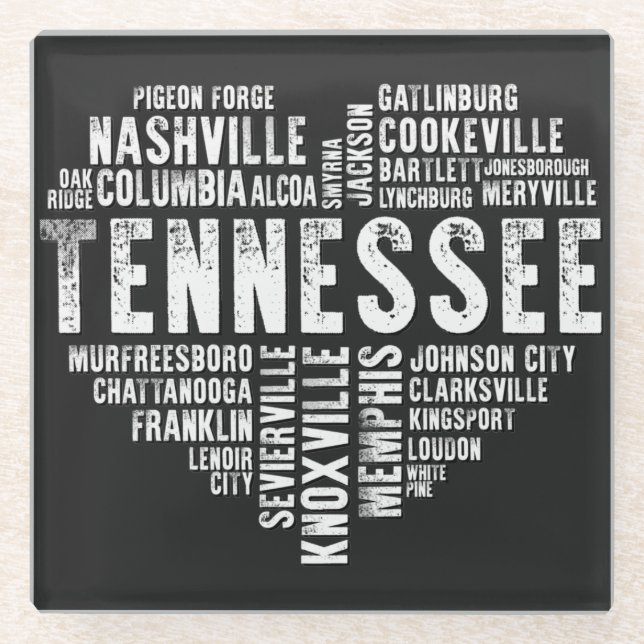 Tennessee Heart Love Nashville Cookeville Alcoa Glass Coaster (Front)