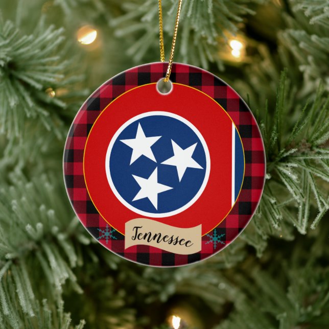 Tennessee, Red buffalo plaid & Tennessee Flag Ceramic Tree Decoration (Tree)
