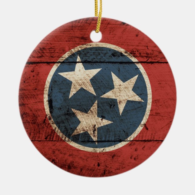 Tennessee State Flag on Old Wood Grain Ceramic Tree Decoration (Front)