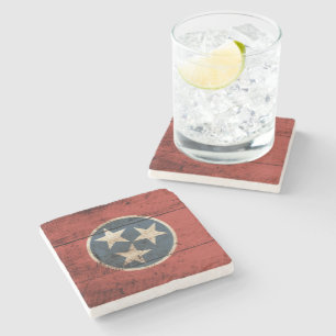 Tennessee State Flag on Old Wood Grain Stone Coaster