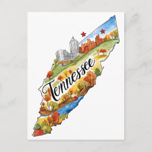Tennessee USA State Shaped Vintage Watercolor Postcard