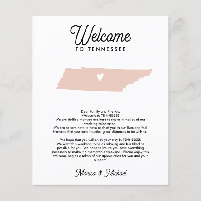 TENNESSEE Welcome  Letter Itinerary ANY COLOR (Front)