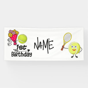Tennis 1st Birthday Ball and Racket with name Banner
