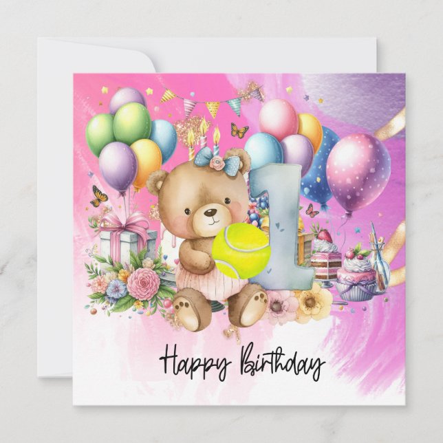 Tennis 1st Birthday for Baby Girl Pink Theme Card (Front)
