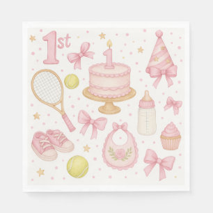 Tennis 1st birthday for baby girl pink tone racket napkin