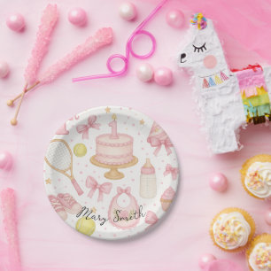 Tennis 1st birthday for baby girl pink tone racket paper plate