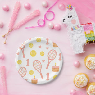 Tennis 1st birthday for baby girl pink tone racket paper plate