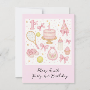 Tennis 1st birthday for baby girl pink tone racket postcard