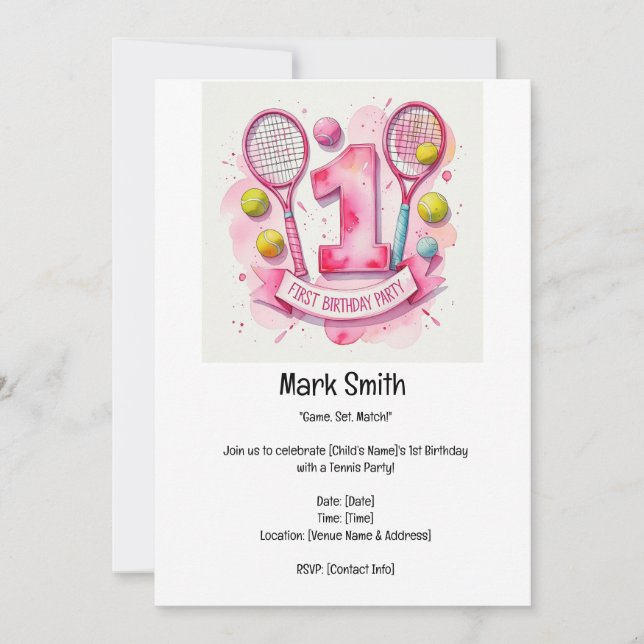 Tennis 1st Birthday Party  Invitation (Front)