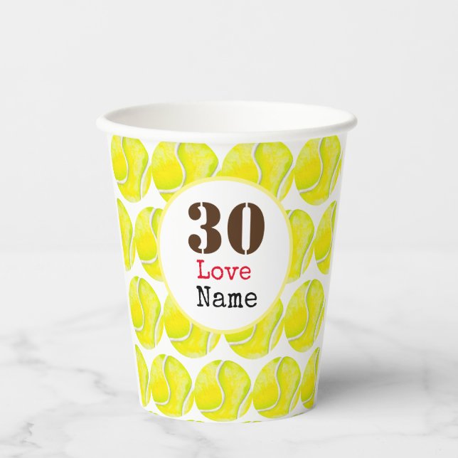 Tennis 30th Birthday ball with love and name   Paper Cups (Front)