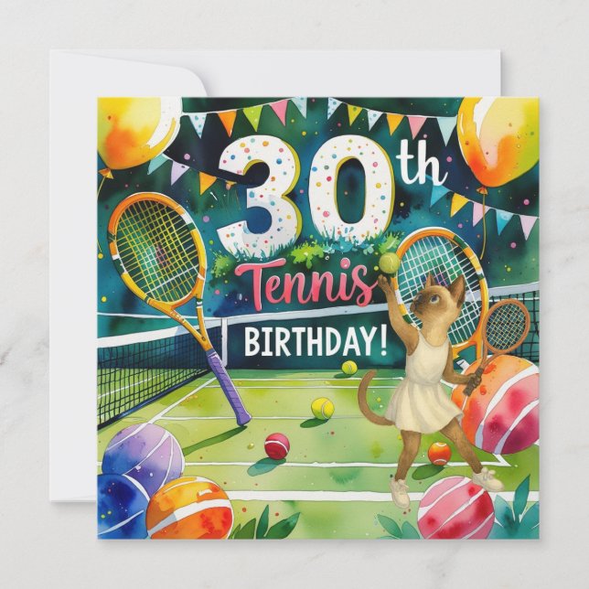 Tennis 30th Birthday for Siamese Cat lovers Holiday Card (Front)