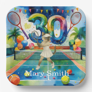 Tennis 30th Birthday for Siamese Cat lovers Paper Plate