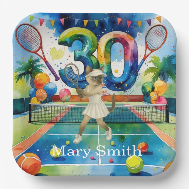 Tennis 30th Birthday for Siamese Cat lovers Paper Plate (Front)