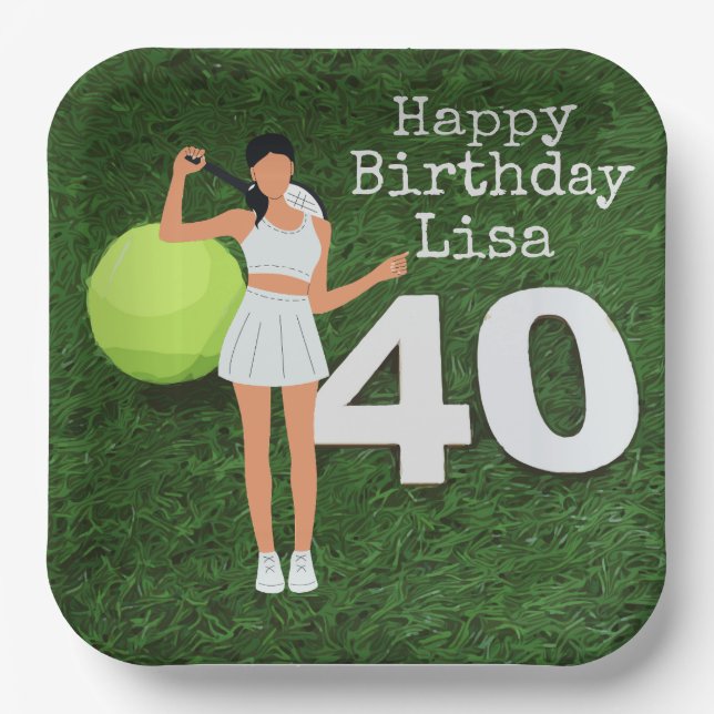 Tennis 40th Birthday with Woman tennis player Paper Plate (Front)