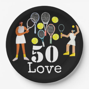 Tennis 50th Birthday tennis ball and number Black Paper Plate