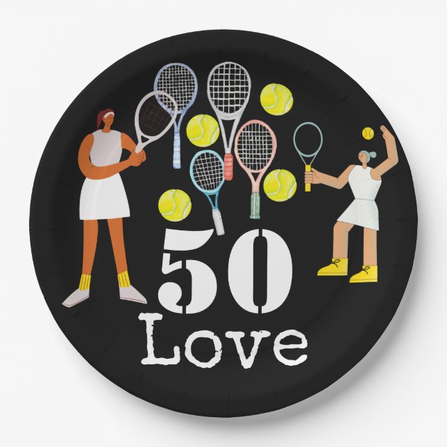 Tennis 50th Birthday  tennis ball and number Black Paper Plate (Front)