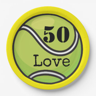 Tennis 50th Birthday tennis ball and number love Paper Plate