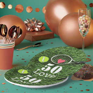 Tennis 50th Birthday  tennis ball and number love Paper Plate