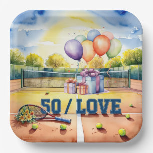 Tennis 50th Birthday tennis ball and number love Paper Plate