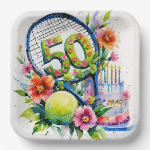 Tennis 50th Birthday tennis ball and number Paper Plate