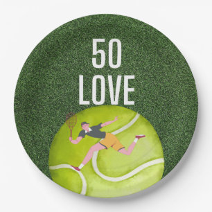 Tennis 50th Birthday tennis ball and player green Paper Plate