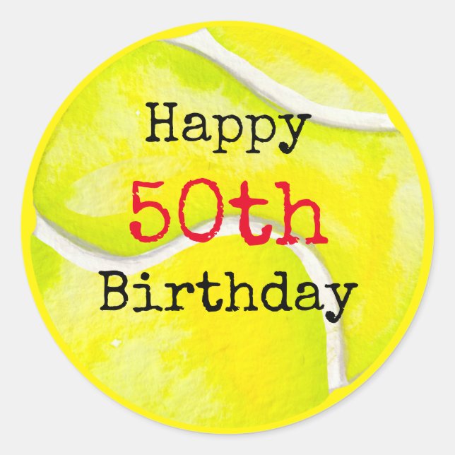 Tennis 50th Birthday with tennis ball and number Classic Round Sticker (Front)