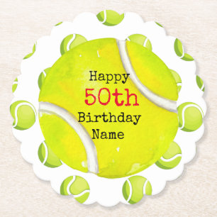 Tennis 50th Birthday with tennis ball and number Paper Coaster