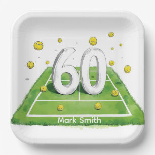 Tennis 60th Birthday Balls on the court Paper Plate