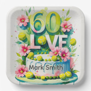 Tennis 60th Birthday tennis ball number love Pap Paper Plate
