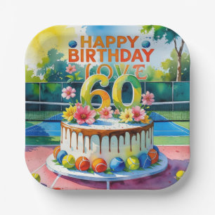 Tennis 60th Birthday  tennis ball number love  Pap Paper Plate