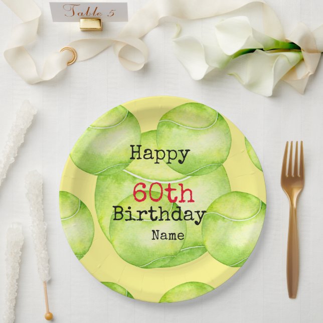 Tennis 60th Birthday with tennis ball and number  Paper Plate (Wedding)