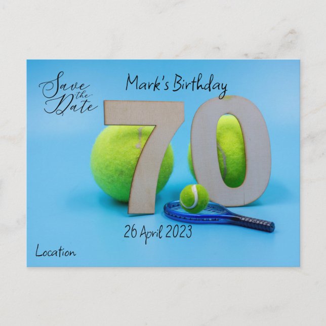 Tennis 70th Birthday Save the Date invitation Postcard (Front)