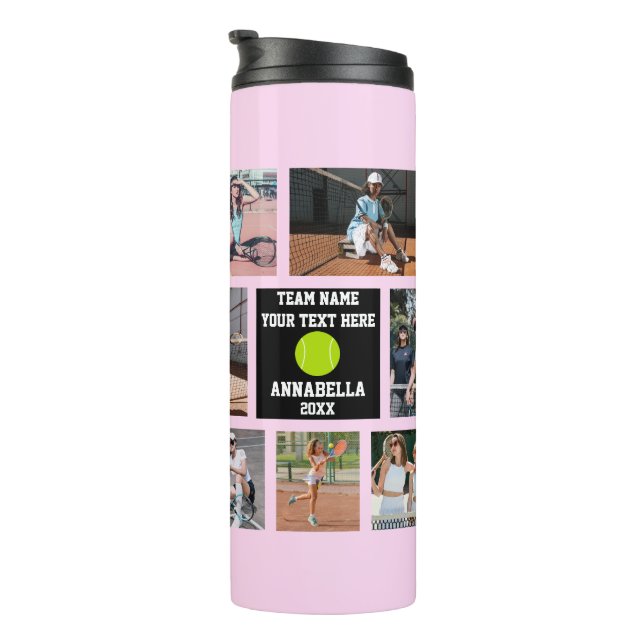 Tennis 7 Photo collage Pink team name Thermal Tumbler (Rotated Right)