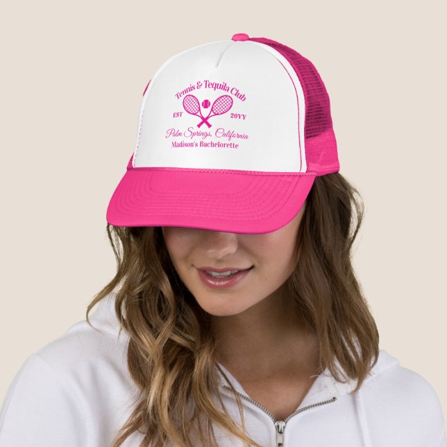 Tennis and Tequila Club Bachelorette Party Group Trucker Hat (In Situ)