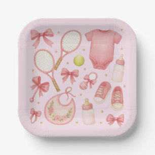 Tennis Baby Girl in Pink theme with racket Paper Plate