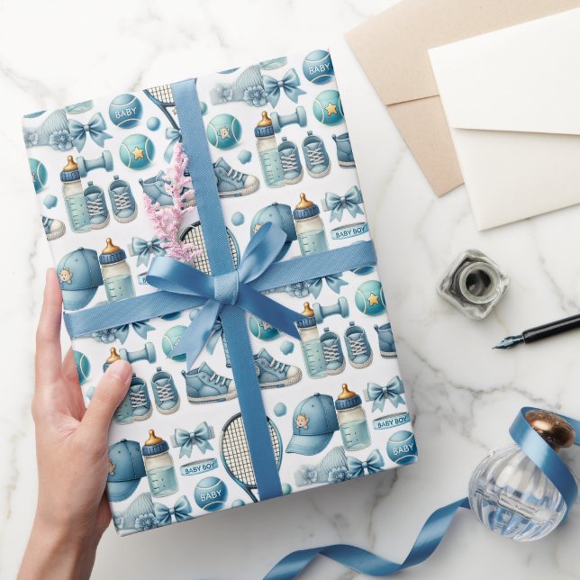 Tennis Baby Shower for Baby  Boy Blue themed Wrapping Paper (Gifting)