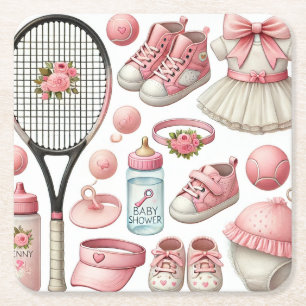 Tennis Baby Shower themed for Girl Pink themed Square Paper Coaster